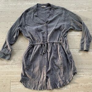 La Miel Gray Cotton Gauze Button Front Drawstring Waist Pocket Mini Dress Small